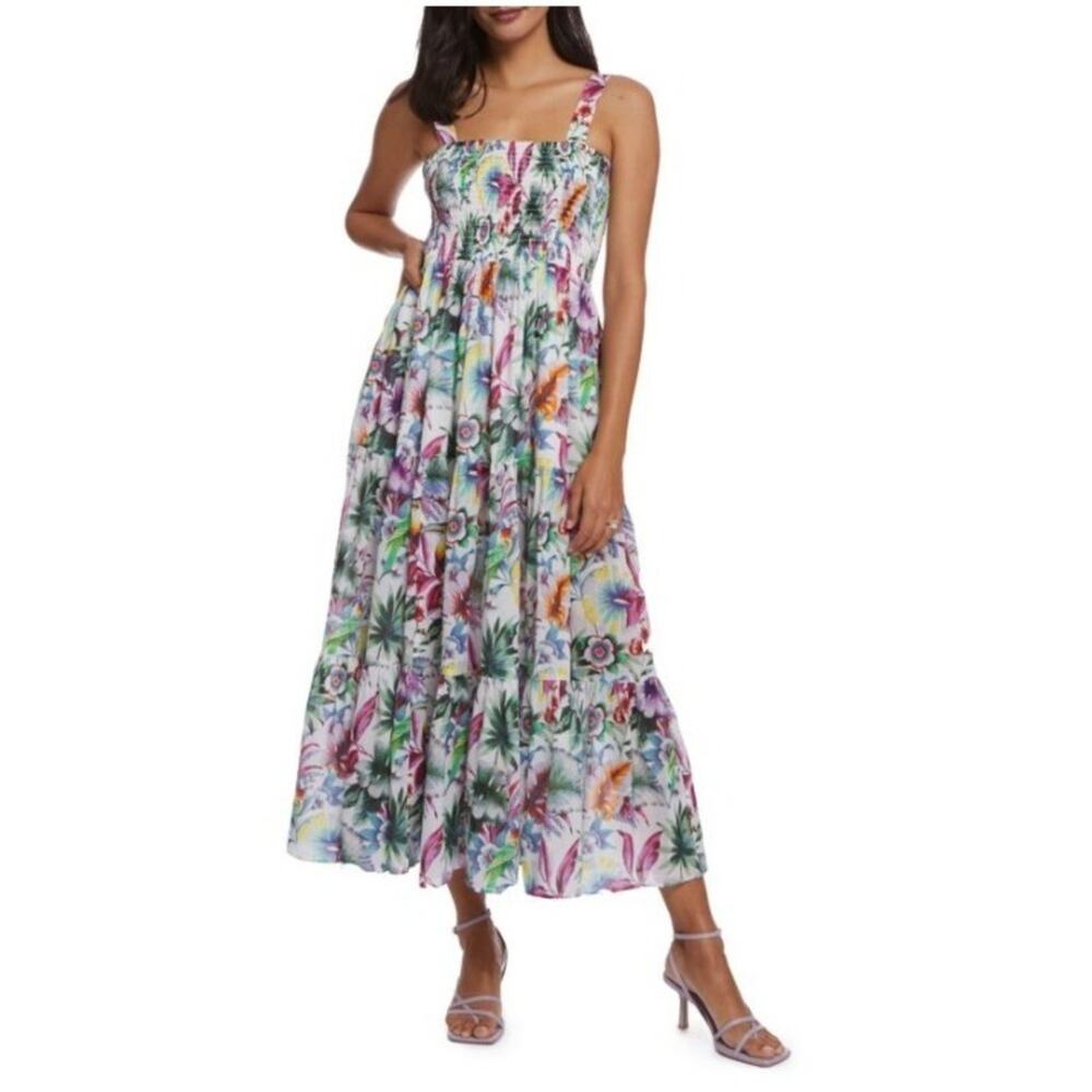 Robert Graham Floral Maxi Dress Sleeveless White Smocked Sun Dress Size XL